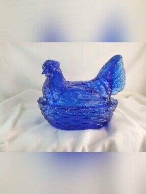 Vintage Mosser Colbolt Blue Glass Chicken Nest w/ Eggs
